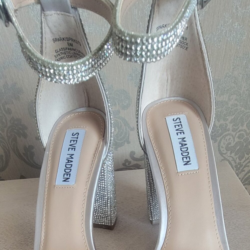 Steve Madden Spark Silver Rhinestone Block Heel Ankle Strap Sandal - Picture 3 of 6